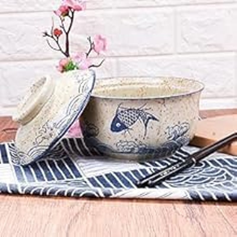 Braozaiw 800ml kerámia ramen tál szett halakkal, japán nodle bowlok evőeszközzel