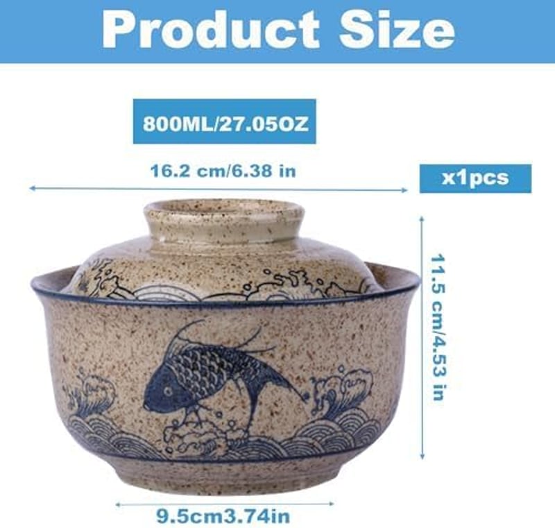 Braozaiw 800ml kerámia ramen tál szett halakkal, japán nodle bowlok evőeszközzel