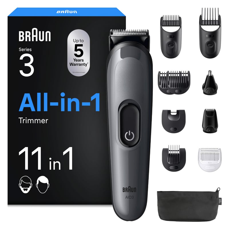 Braun AIO3565 Multigroom All-in-One Series 3 trimer 11 u 1, sivi - trimer za bradu, nos i kosu, 14 postavki duljine, 50 minuta baterije