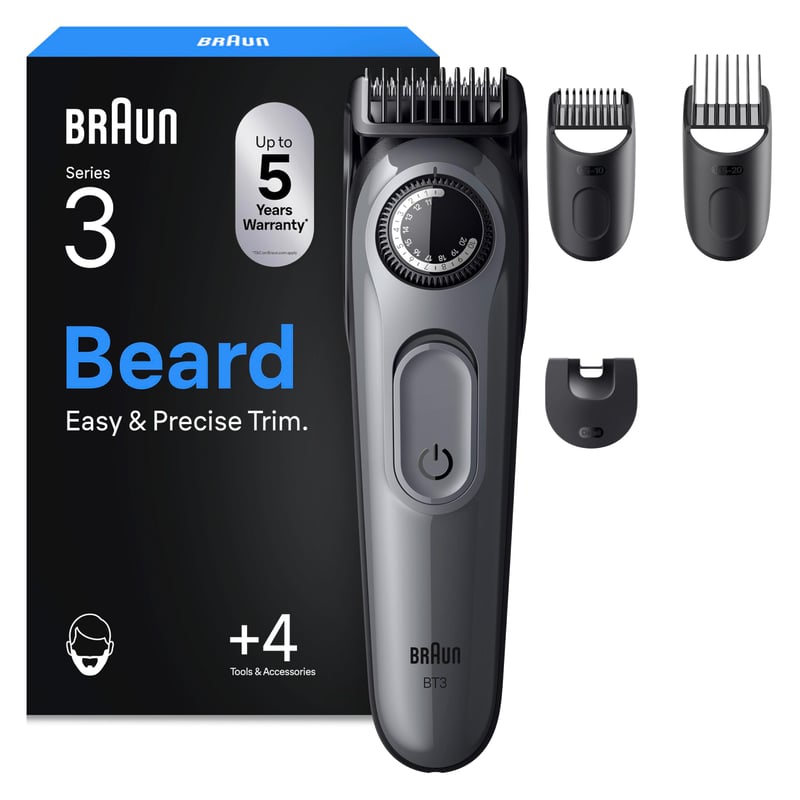 Braun BT3525 Series 3 bežični trimer za bradu za muškarce, ultraoštra oštrica, 40 postavki duljine, 50 minuta baterije, 4 nastavka, siva