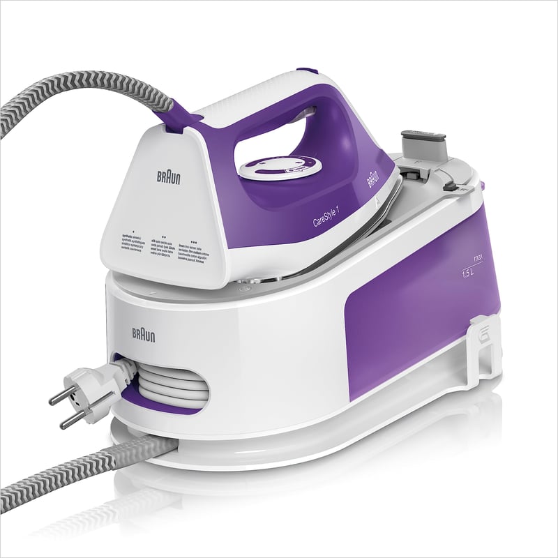 Parná žehliaca stanica Braun CareStyle 1 IS 1014 VI, parný ráz 360 g/min, nádržka 1,5 l, žehliaca plocha SuperCeramic, 2200 W, fialová