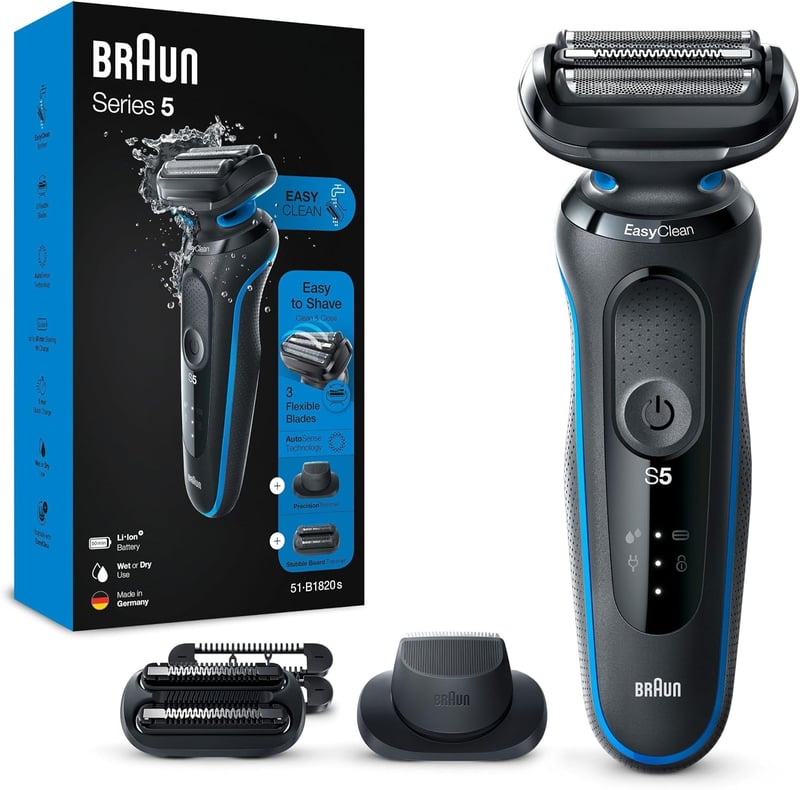 Aparat de ras electric Braun Series 5 cu accesoriu de tuns de precizie EasyClick, EasyClean, pentru bărbați, 51-B1820s, albastru, fabricat în Germania