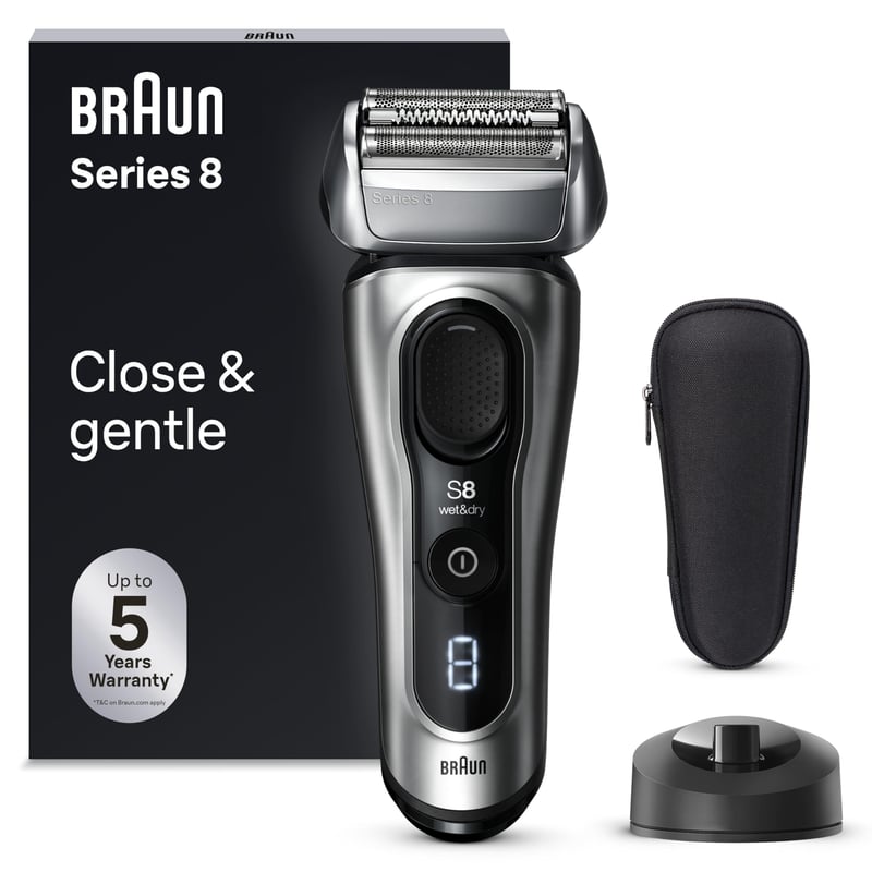 Aparat de ras electric pentru bărbați Braun Series 8 8517s, 4+1 elemente de bărbierit, trimmer de precizie pentru fire lungi, stație de încărcare, autonomie 60 minute, Wet & Dry, argintiu