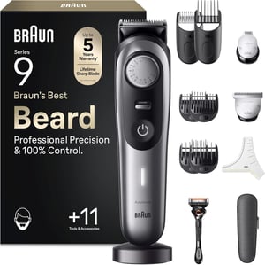 Aparat de tuns barbă și aparat de ras electric fără fir Braun Series 9 BT9440 cu 11 accesorii, 40 de setări de lungime, 180 minute, rezistent la apă