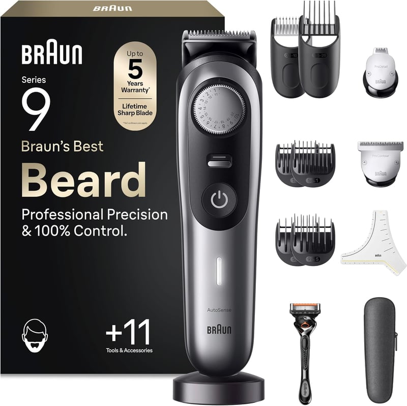 Aparat de tuns barbă și aparat de ras electric fără fir Braun Series 9 BT9440 cu 11 accesorii, 40 de setări de lungime, 180 minute, rezistent la apă