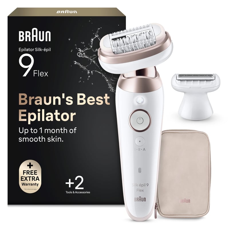 Epilator Braun Silk-épil 9 Flex 9-030 3D pentru femei, epilare de lungă durată, aparat de ras pentru femei, cu cap de ras și trimmer, alb/auriu roz