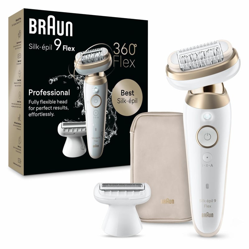 Epilator Braun Silk-épil 9 Flex pentru femei, cap flexibil 3D, 5 accesorii, dispozitiv pentru epilare, alb/auriu, SES9041
