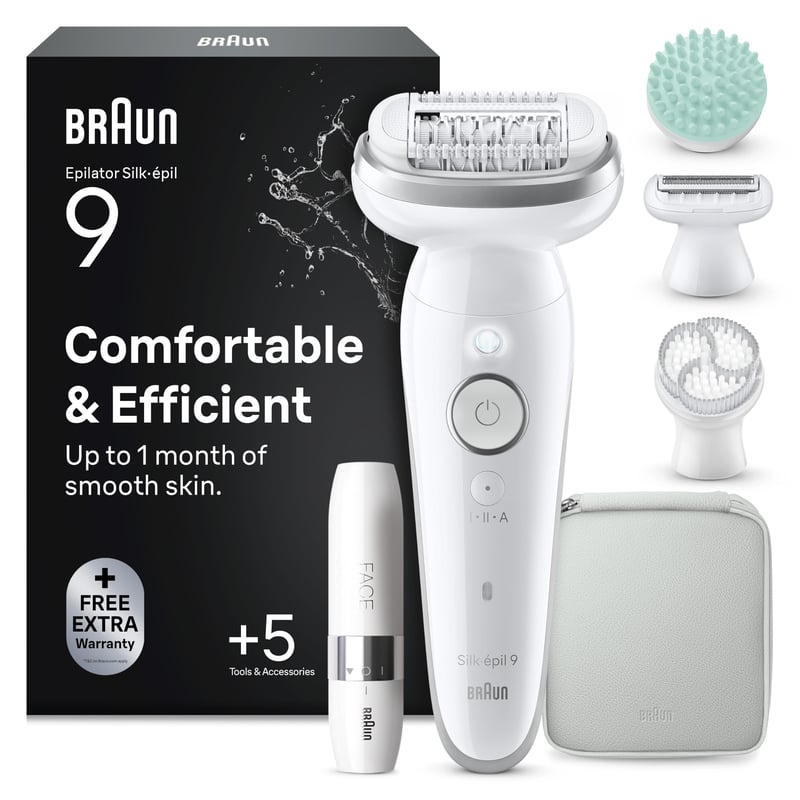 Braun Silk-épil 9 SkinSpa 9-381 dámsky epilátor, komplexná súprava, dlhotrvajúce odstránenie chĺpkov, holiaci strojček, vodoodolný, s čistiacou kefkou na tvár FaceSpa, biela/strieborná