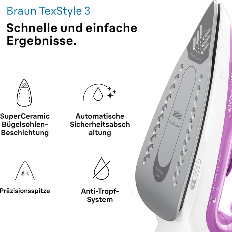 Braun TexStyle 3 SI 3030 PU gőzölős vasaló 2300W, FreeGlide 3D talppal, lila
