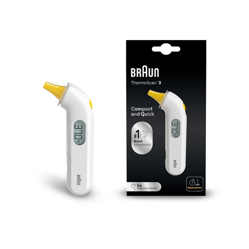 Termometru auricular Braun ThermoScan 3 IRT3030 – măsurare într-o secundă, semnal sonor pentru febră, afișaj digital, pentru bebeluși și copii mici