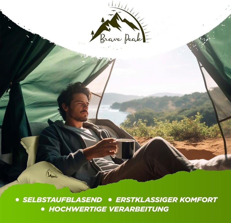 Brave Peak Önfelfújó Hálómatrac 10 cm Vastag Zöld - Könnyű Kompakt Kempingmatrac Túrázáshoz Trekking 190x67 cm