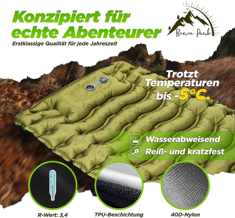 Brave Peak Önfelfújó Hálómatrac 10 cm Vastag Zöld - Könnyű Kompakt Kempingmatrac Túrázáshoz Trekking 190x67 cm
