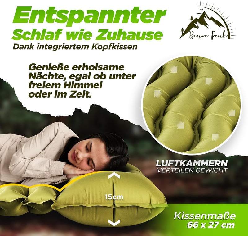 Brave Peak Önfelfújó Hálómatrac 10 cm Vastag Zöld - Könnyű Kompakt Kempingmatrac Túrázáshoz Trekking 190x67 cm