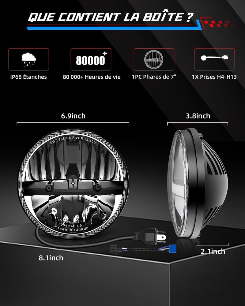 BraveWAY 7 Colos Kerek LED Motorkerékpár Fényszóró - 12000LM, Hi-Lo Funkcióval, H4-H13 Kompatibilis, DOT Tanúsítvánnyal, Plug and Play Csatl