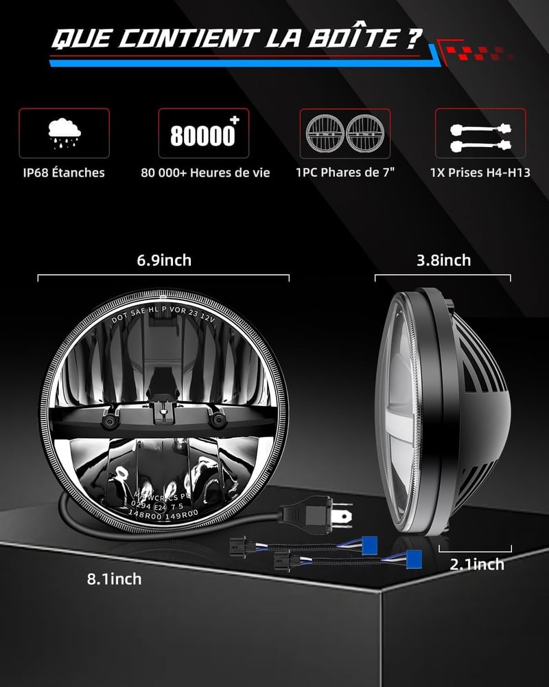 BraveWAY 7 Colos LED Fényszóró 60W 12000LM - 2 db H4-H13 Kábellel, Wrangler JK TJ LJ CJ Hummber H1 H2 Kompatibilis, DOT Jóváhagyott