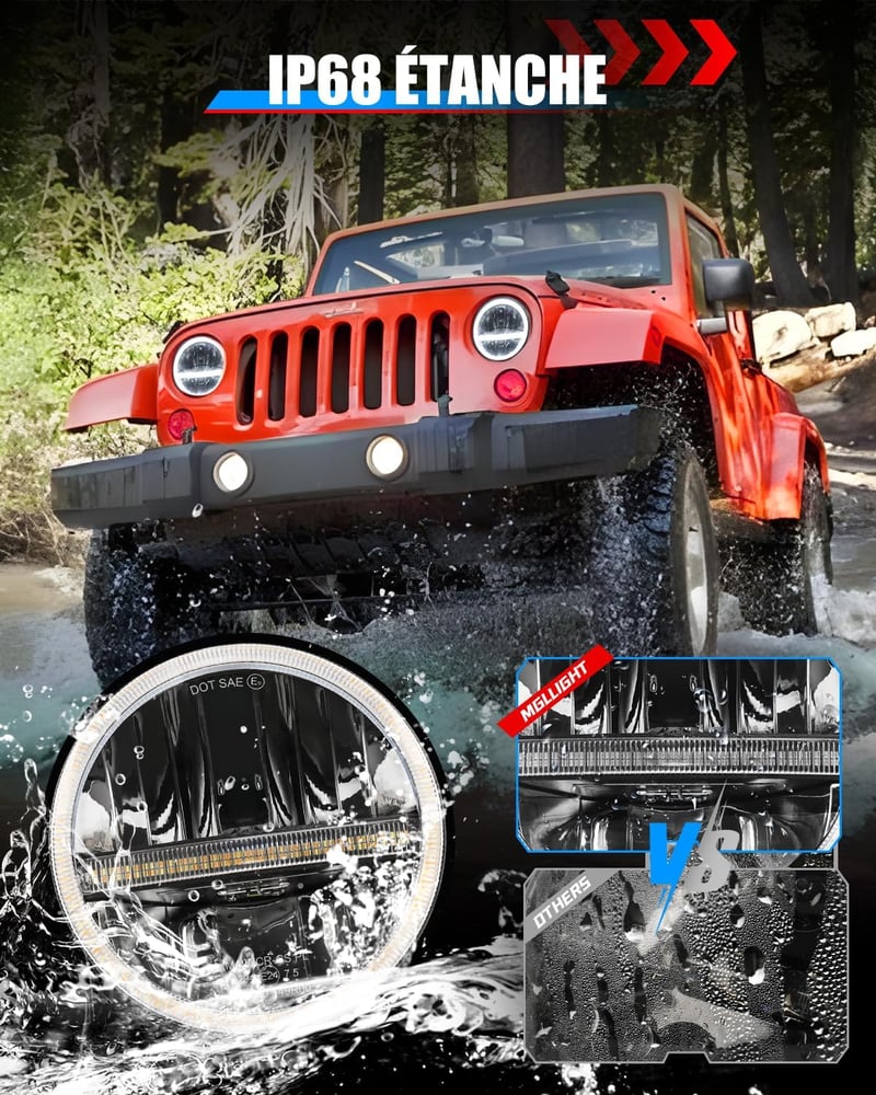 BraveWAY 7 Inch 60W LED Fényszóró Wrangler JK-hez Hi-Lo Fehér Sárga DRL H4-H13