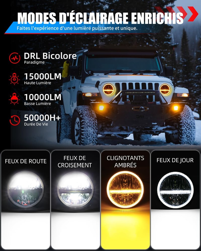 BraveWAY 7 Inch 60W LED Fényszóró Wrangler JK-hez Hi-Lo Fehér Sárga DRL H4-H13
