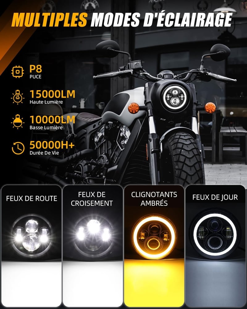 BraveWAY 7" LED Motoros Fényszóró 15000LM 4 Mód DOT Jóváhagyott Hi-Lo Fény