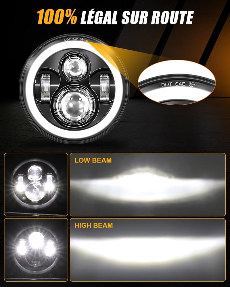 BraveWAY 7" LED Motoros Fényszóró 15000LM 4 Mód DOT Jóváhagyott Hi-Lo Fény