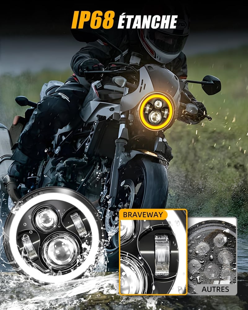 BraveWAY 7" LED Motoros Fényszóró 15000LM 4 Mód DOT Jóváhagyott Hi-Lo Fény
