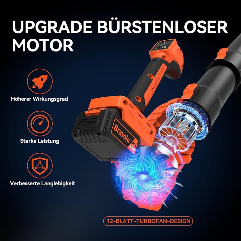 Bravolu Akkumulátoros Lombfúvó 2x5200mAh Töltővel, Kefe Nélküli Motor 305 km/h, 5 Fokozat, Levehető Cső
