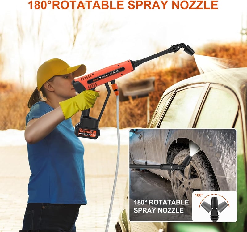 Bravolu Aparat de spălat cu presiune fără fir, 500 PSI, 4.0 Ah, set mobil cu duză 6-în-1 pentru curățarea mașinilor, bărcilor și grădinii.