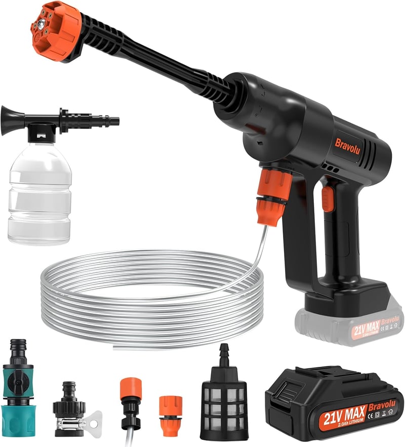 Bravolu MAX Akkumulátoros Magasnyomású Mosó 500 PSI 2.0 Ah Hordozható Kézi Mosógép 6-in-1 Fúvókával Autó Hajó Kert Tisztításhoz