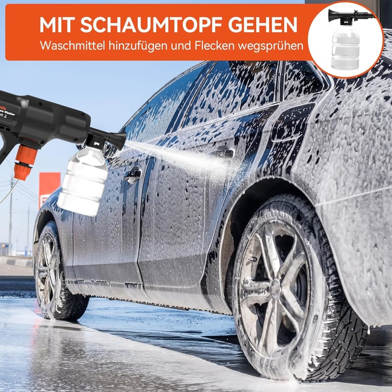 Bravolu MAX Akkumulátoros Magasnyomású Mosó 500 PSI 2.0 Ah Hordozható Kézi Mosógép 6-in-1 Fúvókával Autó Hajó Kert Tisztításhoz