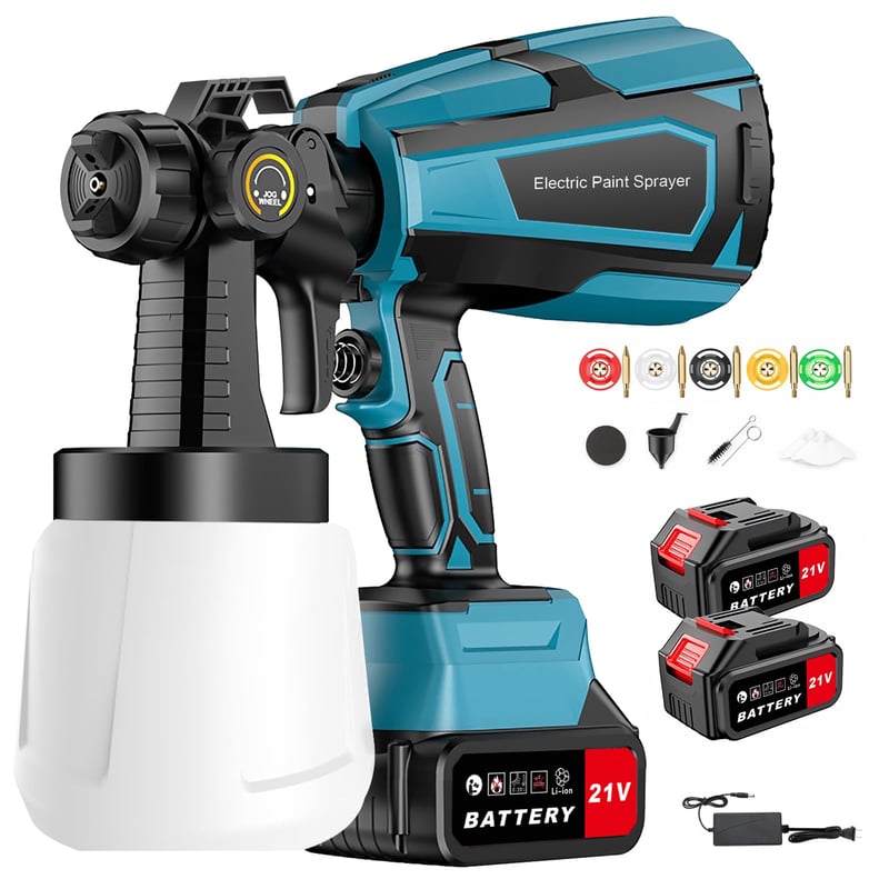 Pistol de vopsit electric cu acumulator BreeRainz, 21V, cu 2 acumulatori de 3,0Ah, 5 duze din cupru, 3 moduri de pulverizare, pentru mobilă, garduri, pereți, terase