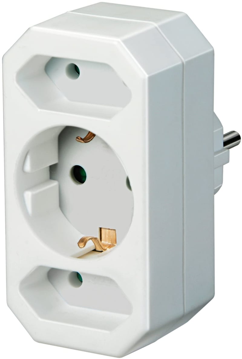 Adaptor triplu Brennenstuhl, alb - 2x Euro + 1x priză cu împământare, cu protecție sporită la atingere