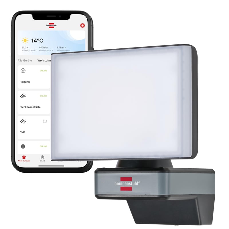Brennenstuhl Connect WiFi LED reflektor WF 2050 – 20W, 2400 lm, IP54, ovládanie svetelných funkcií cez aplikáciu, vonkajší nástenný reflektor