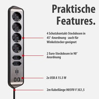 Brennenstuhl Estilo Corner 6-részes sarokcsatlakozó, 4 földelt + 2 Euro + 2 USB 3