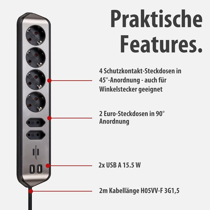Brennenstuhl Estilo Corner 6-részes sarokcsatlakozó, 4 földelt + 2 Euro + 2 USB