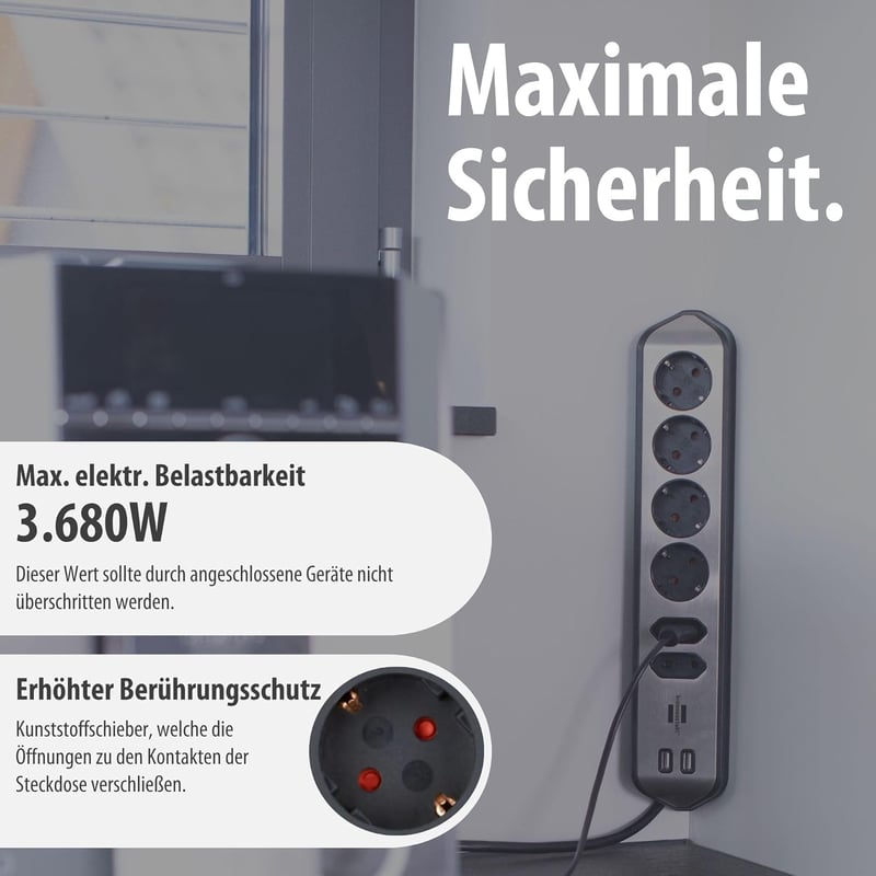 Brennenstuhl Estilo Corner 6-részes sarokcsatlakozó, 4 földelt + 2 Euro + 2 USB