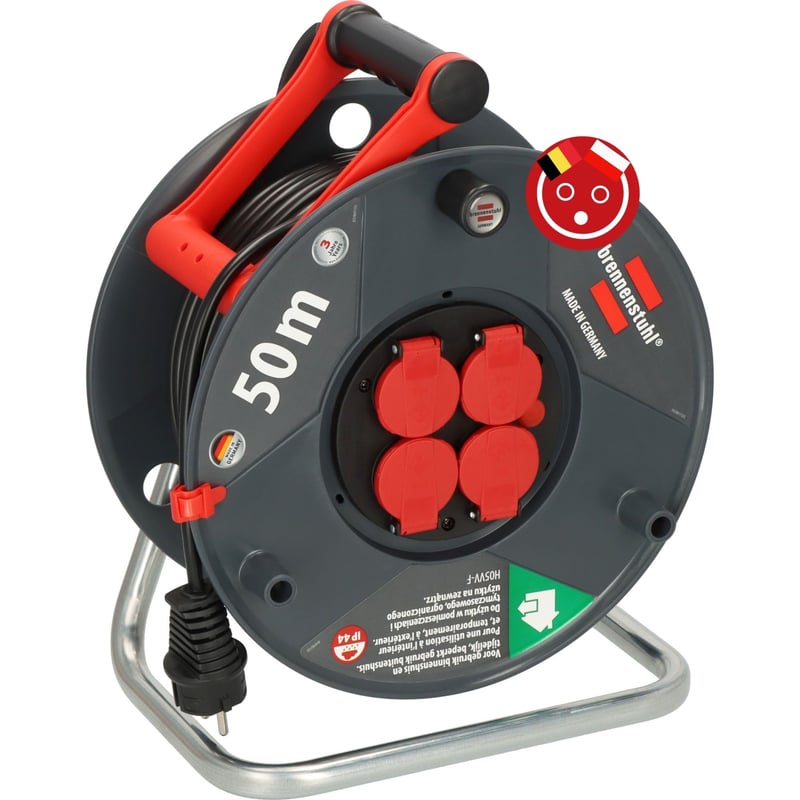Tambur prelungitor pentru exterior Brennenstuhl Garant V2 IP44, 50 m, 4 prize, cu protecție sporită la atingere, plastic special, fabricat în Germania, sistem de conectare francez