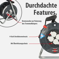 Káblový navijak Brennenstuhl Garant V2, 25 m kábel, čierny, 4 zásuvky s uzemnením, ochrana proti prehriatiu, Made in Germany 3