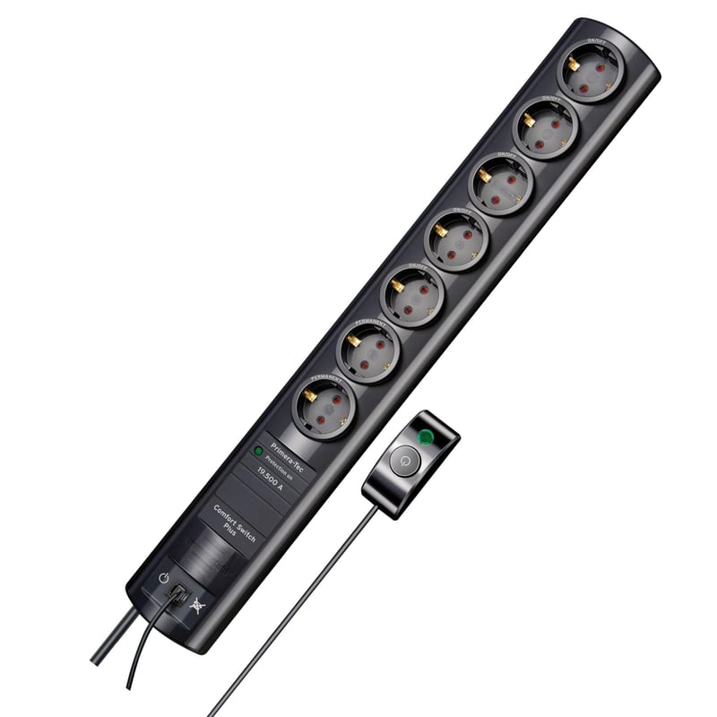Prelungitor Brennenstuhl Primera-Tec Comfort Switch Plus cu 7 prize, întrerupător și protecție la supratensiune, negru
