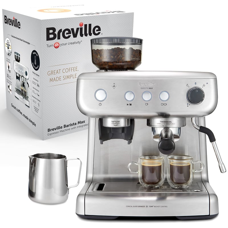 Espressor cu pârghie Breville VCF126X Barista Max cu râșniță încorporată și spumator de lapte, rezervor de apă 2,8 L, 15 bari, oțel inoxidabil