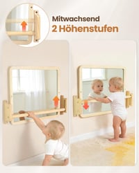 Oglindă de perete Montessori Brezlio cu bară - Oglindă din lemn reglabilă pe înălțime pentru bebeluși și copii mici 6-18 luni — suprafață oglindă pătată (stare: vezi a 2-a imagine) 6