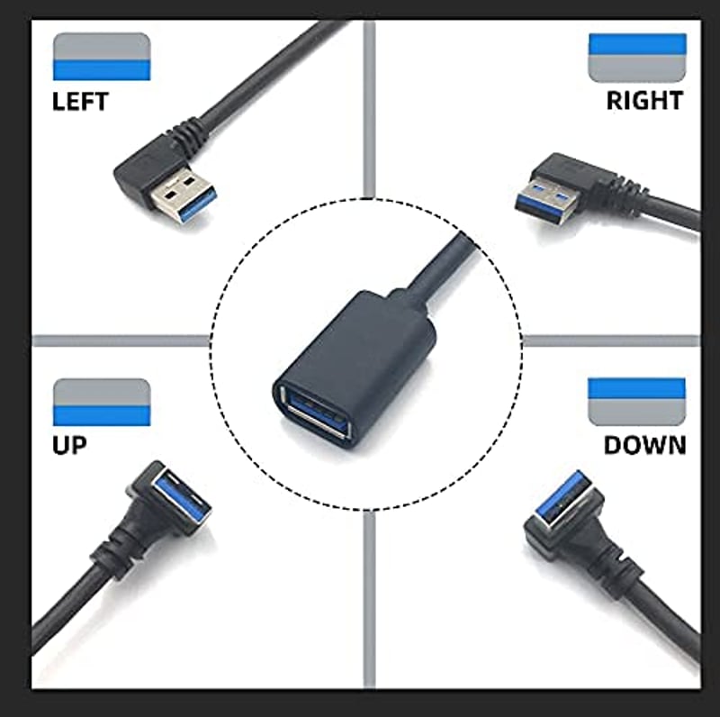 BRIEFCEC USB 3.0 Adapter Kábel 90 Fokos Hajlított Csatlakozó 30cm Fekete Laptop PC TV PS4 Hub Kompatibilis 2 Darabos Csomag