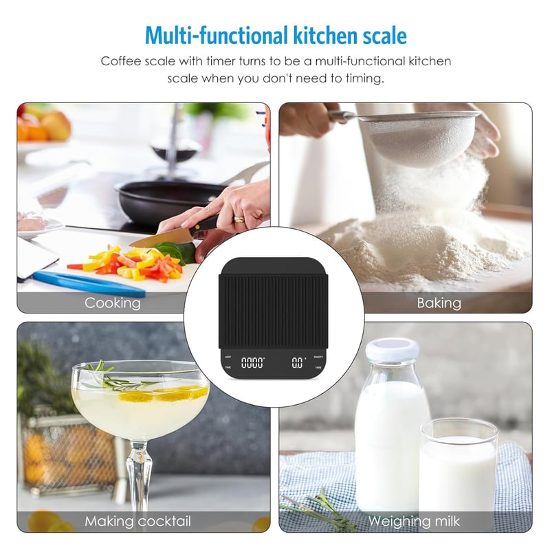 Brifit Kávé Mérleg Időzítővel - 3kg/0,1g Precíziós Konyhai Digitális Mérleg, LED Kijelző, USB Tölthető, Tára Funkcióval, Érintőgombos