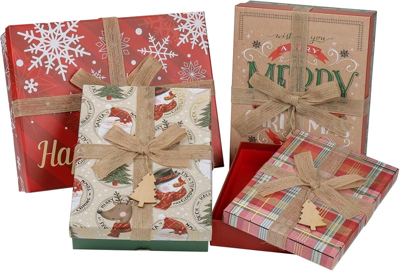 Briful Elegáns Karácsonyi Ajándékdoboz Szett 4 db - Tároló Doboz Fedéllel és Masnival, Többszínű, Papírkarton, 31,5x25x6,86 cm