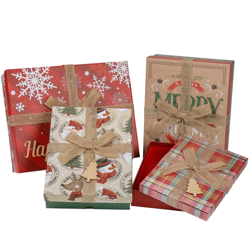 Briful Elegantni Set Božićnih Poklon Kutija 4 kom - Kutija za Pohranu s Poklopcem i Mašnom, Višebojna, Karton, 31,5x25x6,86 cm