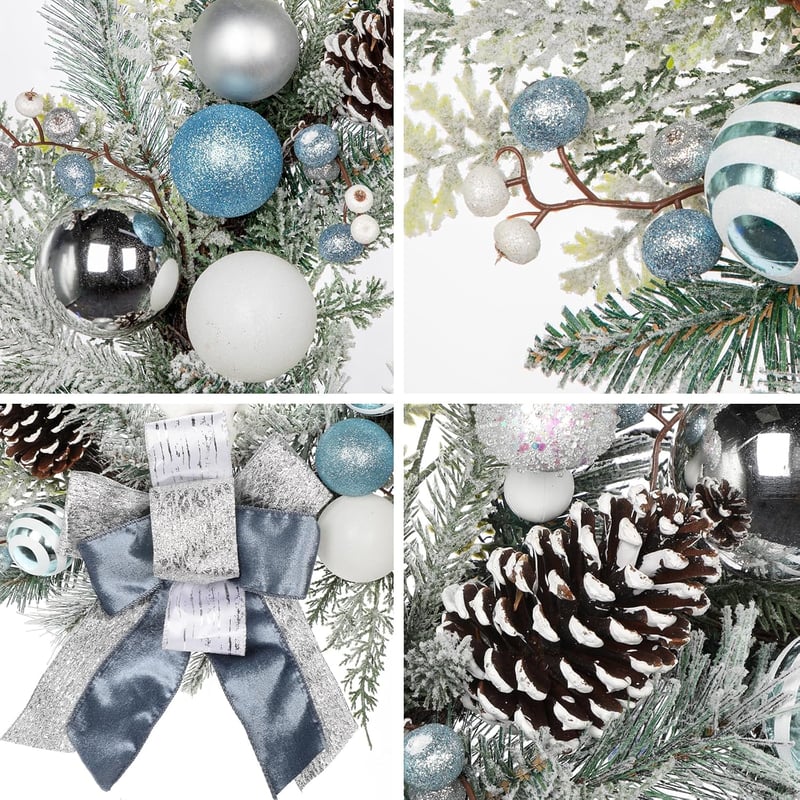 Briful Karácsonyi Ajtókoszorú 60 cm - Kék-Ezüst Adventi Koszorú Gömbökkel, Bogyókkal, Tobozokkal és Masnival - Asztali Dekoráció, Fali Dísz