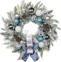 Briful Karácsonyi Ajtókoszorú 60 cm - Kék-Ezüst Adventi Koszorú Gömbökkel, Bogyókkal, Tobozokkal és Masnival - Asztali Dekoráció, Fali Dísz 1