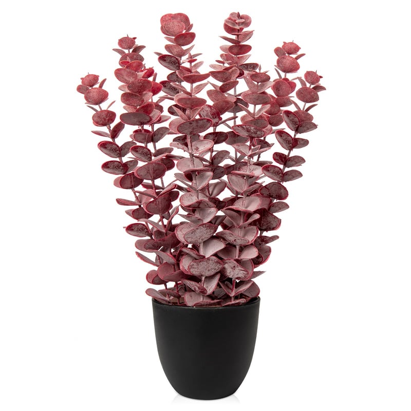 Umelá rastlina Briful eukalyptus v čierno-červenom kvetináči, 40 cm vysoká, realistická dekorácia do interiéru