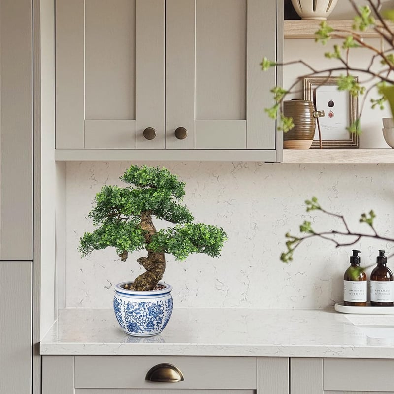 Briful Műbonsai 43 cm - Élethű Műnövény Kerámia Kaspóban - Dekoráció Fürdőszobába, Irodába, Ablakpárkányra - Műanyag Bonsai Fa Minden Évszak