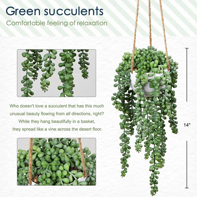 Briful Senecio Műnövény Függő Pozsgás 35,5 cm - Élethű Művirág Dekoráció Műanyag Kosárban, Karbantartást Nem Igényel, Otthonba, Irodába