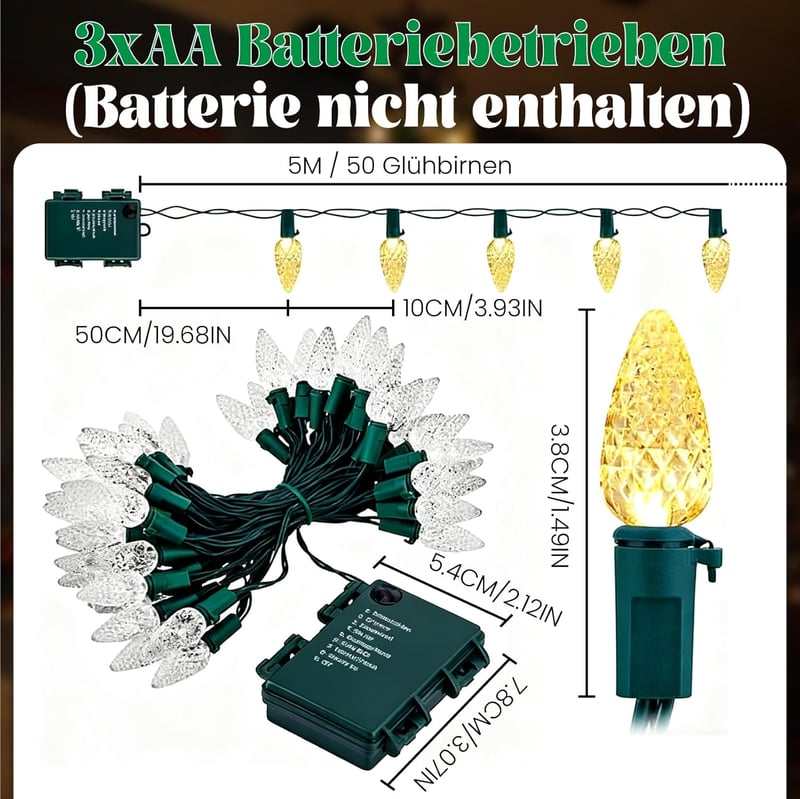 BrightArk Retro Eper LED Fényfüzér 5m 50 LED Elemmel Működő Beltéri