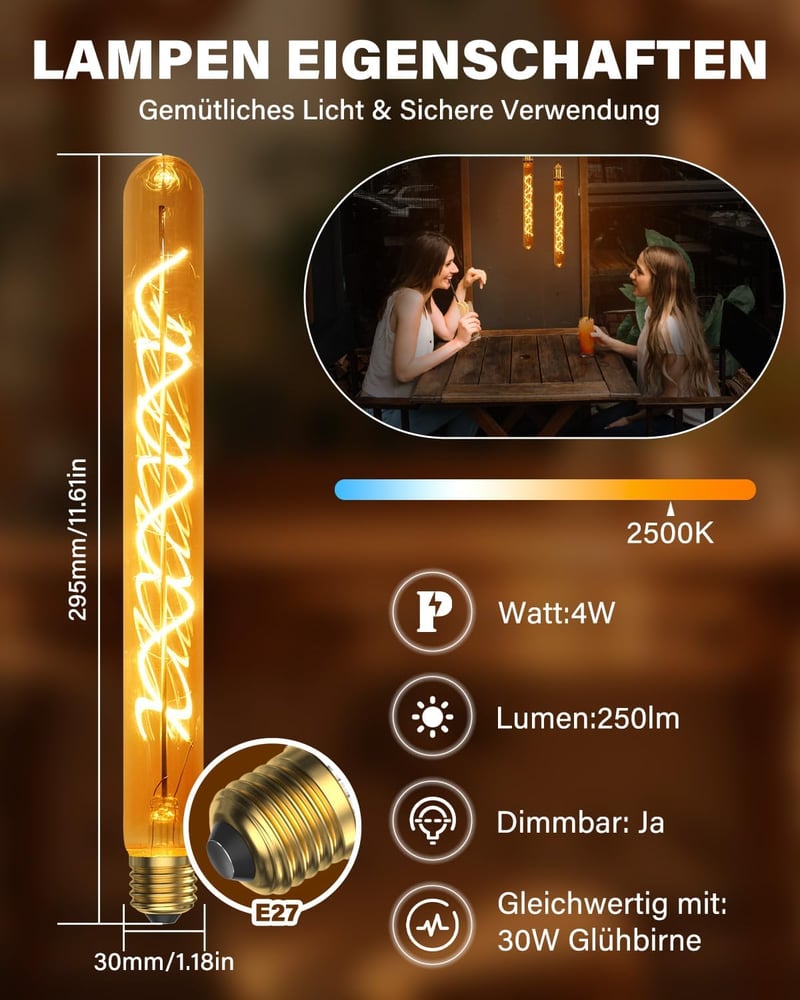 BrightArk Vintage E27 LED Izzó - 30 cm Hosszú Dimmelhető Edison Retro Dekoratív Lámpa 4W - Borostyán Spirál Steampunk Fali Világításhoz 2700